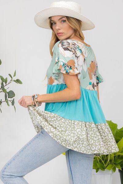 Celeste Printed Color Block Ruffled Short Sleeve Top for Women - Selvanelle
