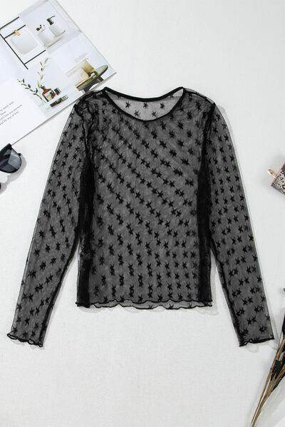 Star Round Neck Long Sleeve Sheer Blouse for Women - Selvanelle