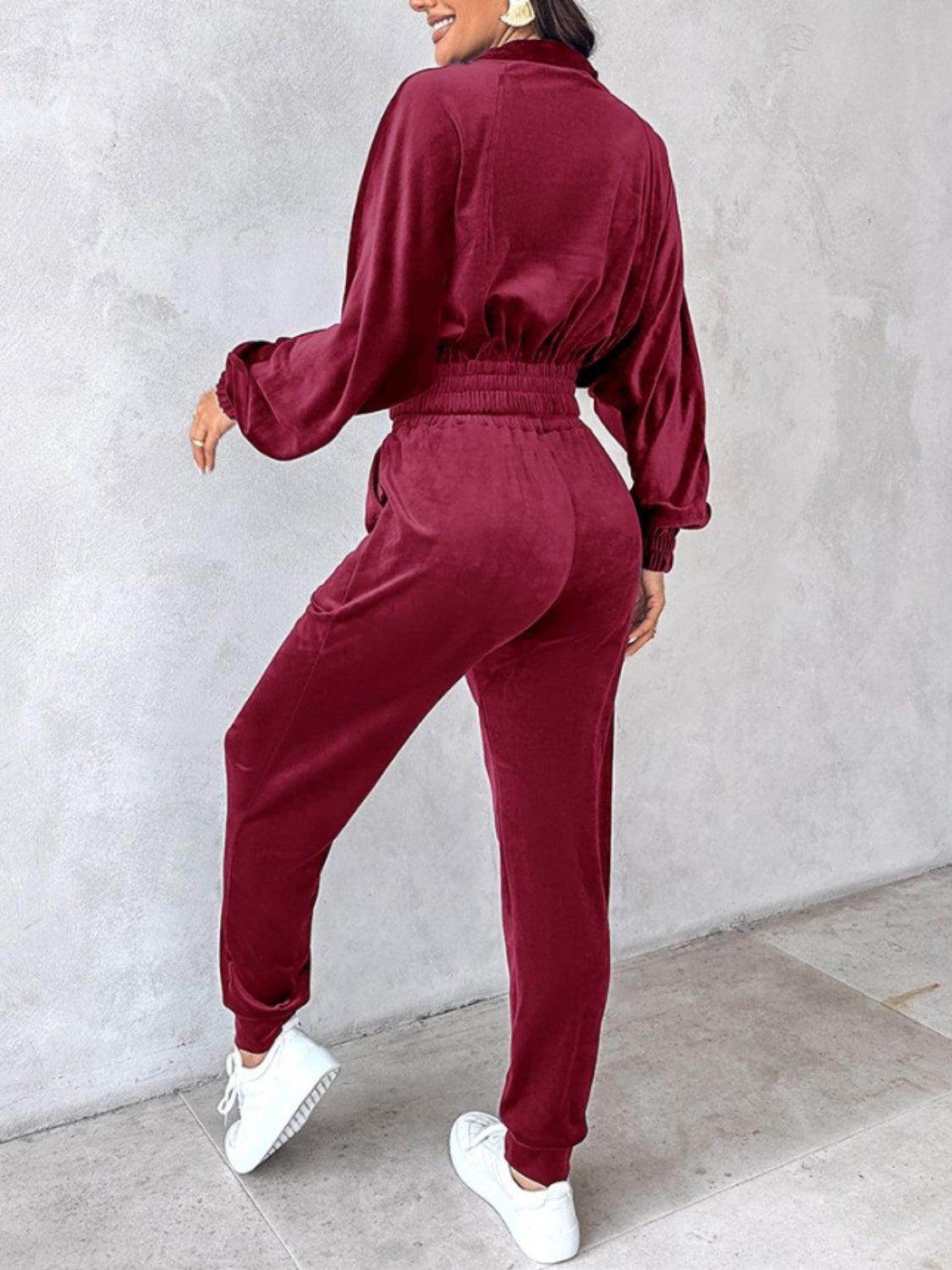 Zip Up Long Sleeve Cropped Top and Joggers Set for Women - Selvanelle