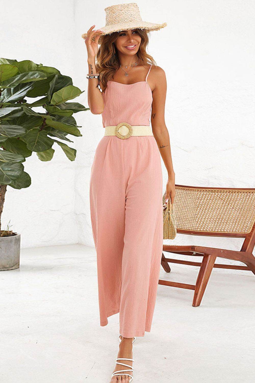 Shiny Cutout Spaghetti Strap Tie Back Wide Leg Jumpsuit - Selvanelle