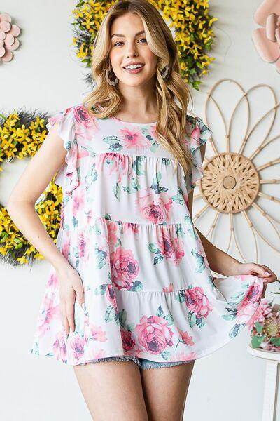 Heimish Full Size Butterfly Short Sleeve Floral Tiered Top - Selvanelle