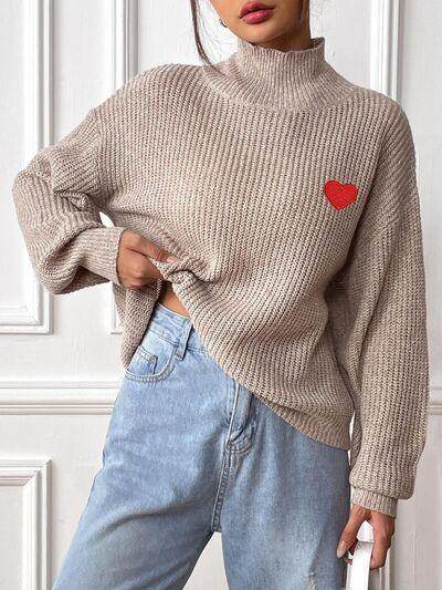 Heart Turtleneck Dropped Shoulder Long Sleeve Sweater for Women - Selvanelle