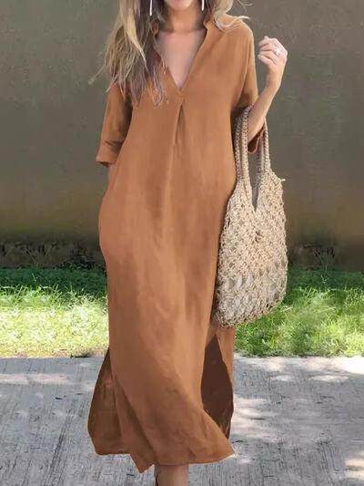 Full Size Notched Half Sleeve Midi Dress for Women - Selvanelle
