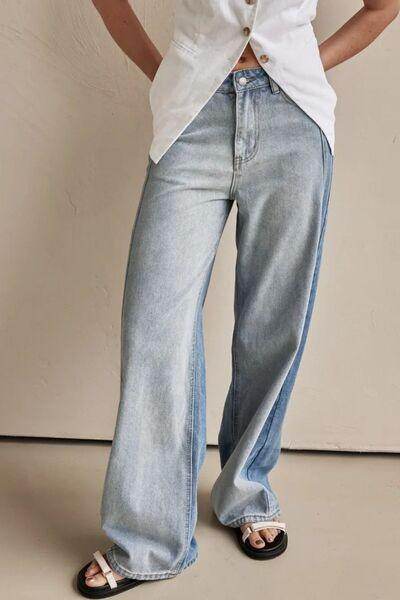 Contrast Straight Leg Jeans with Pockets for Women - Selvanelle