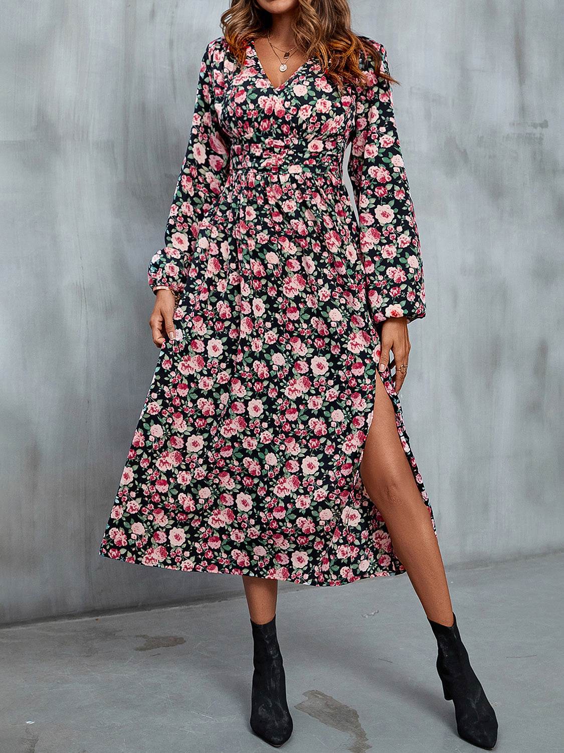 Perfee Floral V-Neck Slit Midi Dress - Selvanelle
