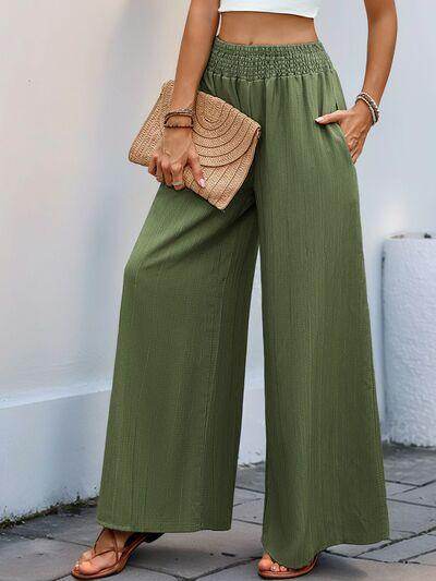 Perfee Smocked Wide Leg Pants for Women with Pockets - Selvanelle
