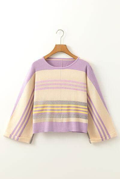 Contrast Striped Round Neck Three-Quarter Sleeve Top for Women - Selvanelle