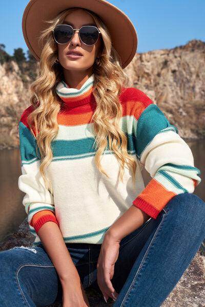 Contrast Striped Turtleneck Dropped Shoulder Sweater for Women - Selvanelle