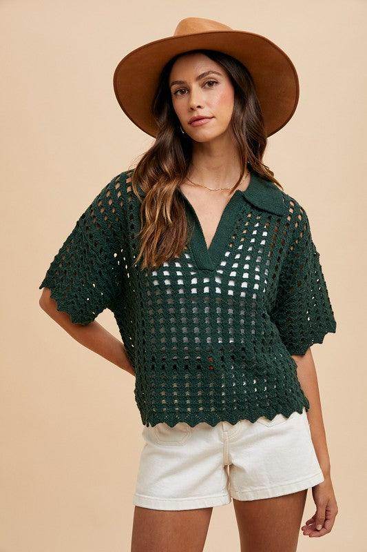Annie Wear Openwork Johnny Collar Knit Cover Up Stylish Layering - Selvanelle