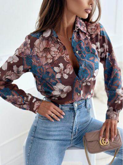 Full Size Printed Collared Neck Long Sleeve Shirt for Women - Selvanelle