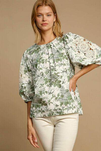 Umgee Floral Pleated Detail Lace Trim Sleeve Blouse Women - Selvanelle