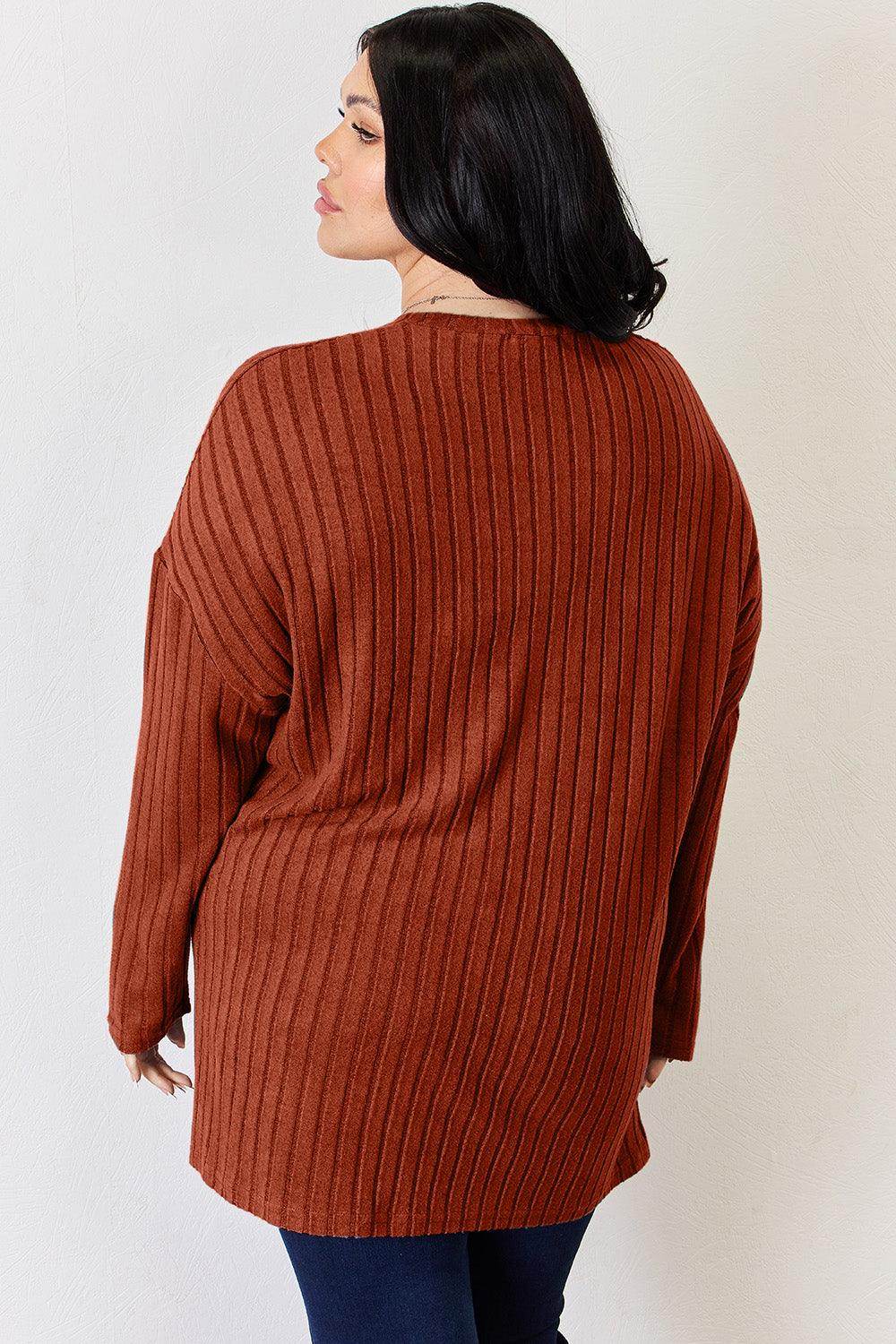 Basic Bae Full Size Ribbed Half Button Long Sleeve T-Shirt - Selvanelle