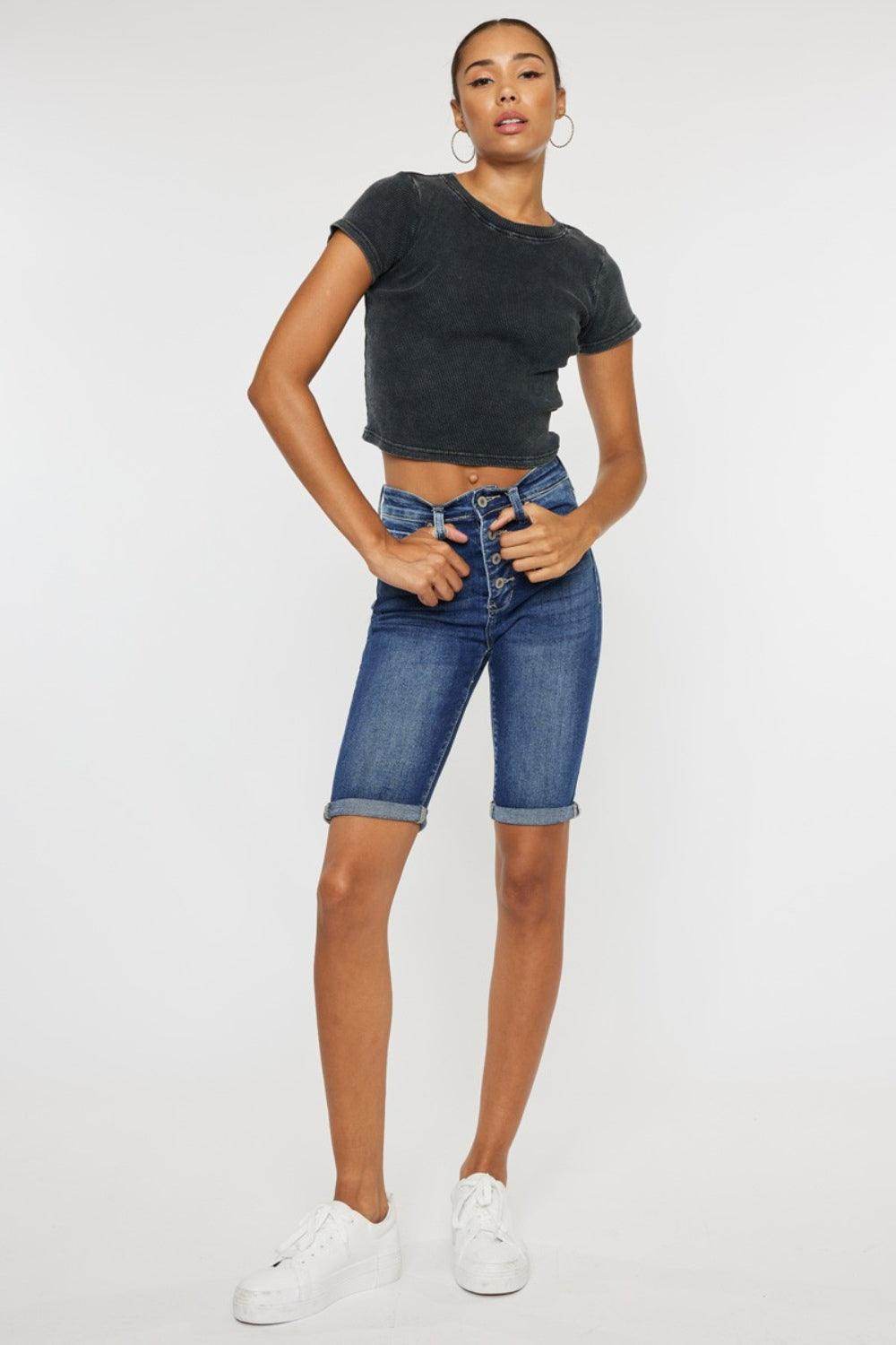 Kancan Full Size Cat's Whiskers Button Fly Denim Shorts - Selvanelle