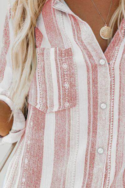 Striped Collared Neck Long Sleeve Shirt for Women Fashion - Selvanelle