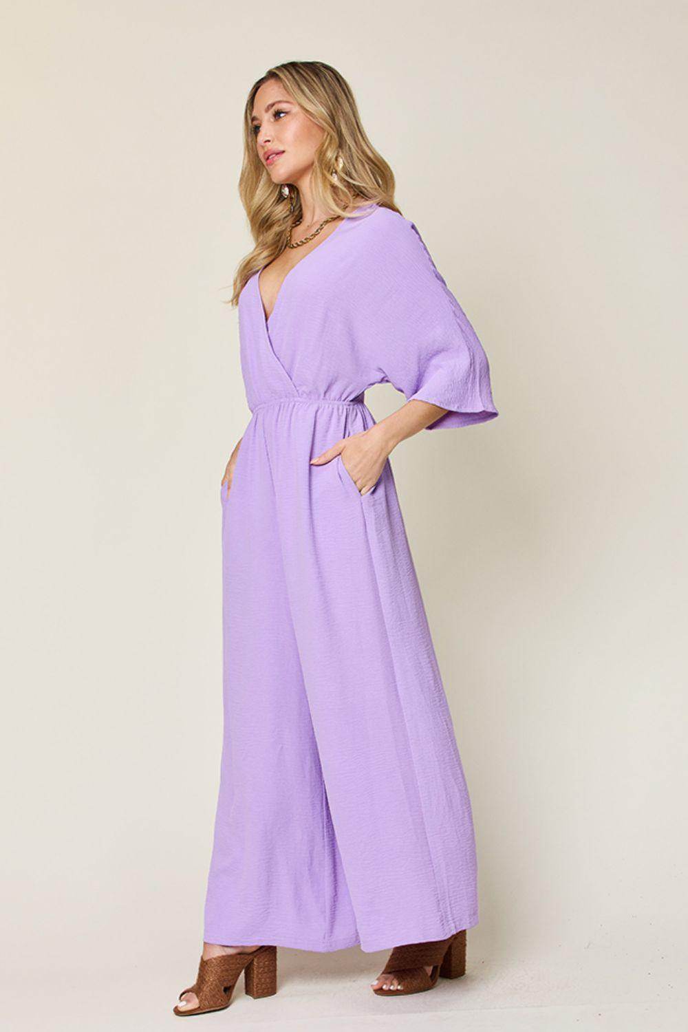 Double Take Full Size Surplice Wide Leg Jumpsuit with Pockets - Selvanelle