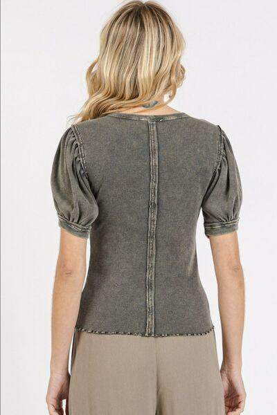 Mittoshop Mineral Wash Puff Sleeve Rib Knit Top for Women - Selvanelle