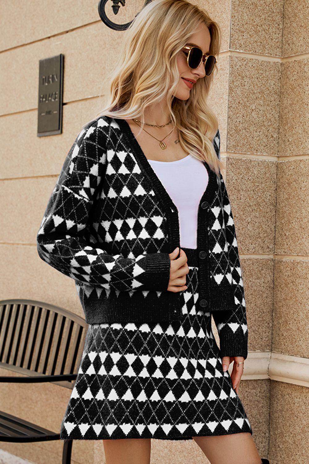 Geometric Dropped Shoulder Cardigan and Knit Skirt Set - Selvanelle