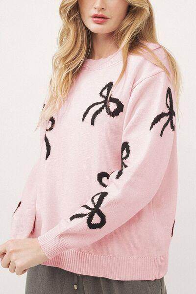 Bow Pattern Round Neck Loose Fit Sweater for Women - Selvanelle