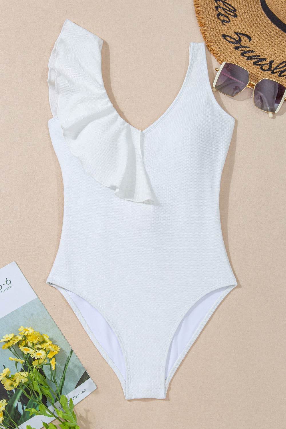 Ruffled V-Neck Wide Strap One-Piece Swimwear - Selvanelle