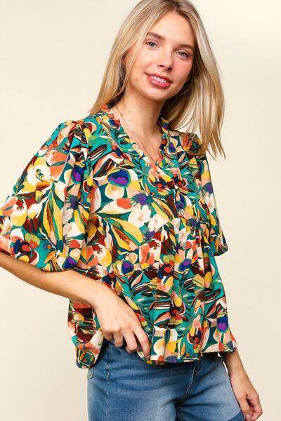 Haptics Full Size Frill Floral Puff Sleeve Peplum Blouse - Selvanelle