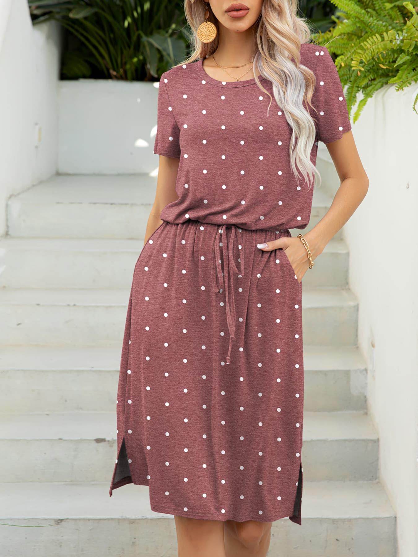 Round Neck Short Sleeve Slit Dress with Pockets for Women - Selvanelle