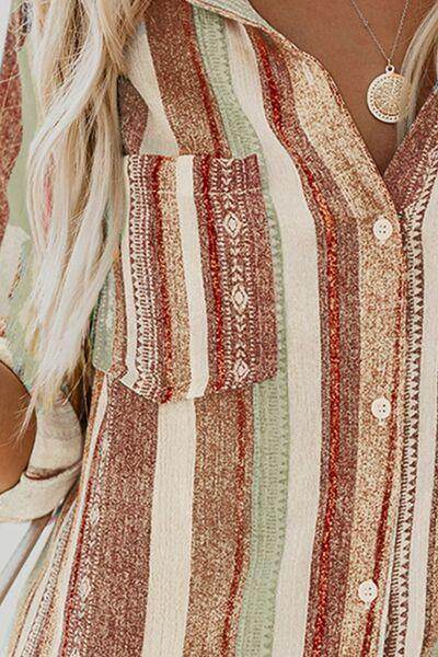 Striped Collared Neck Long Sleeve Shirt for Women Fashion - Selvanelle