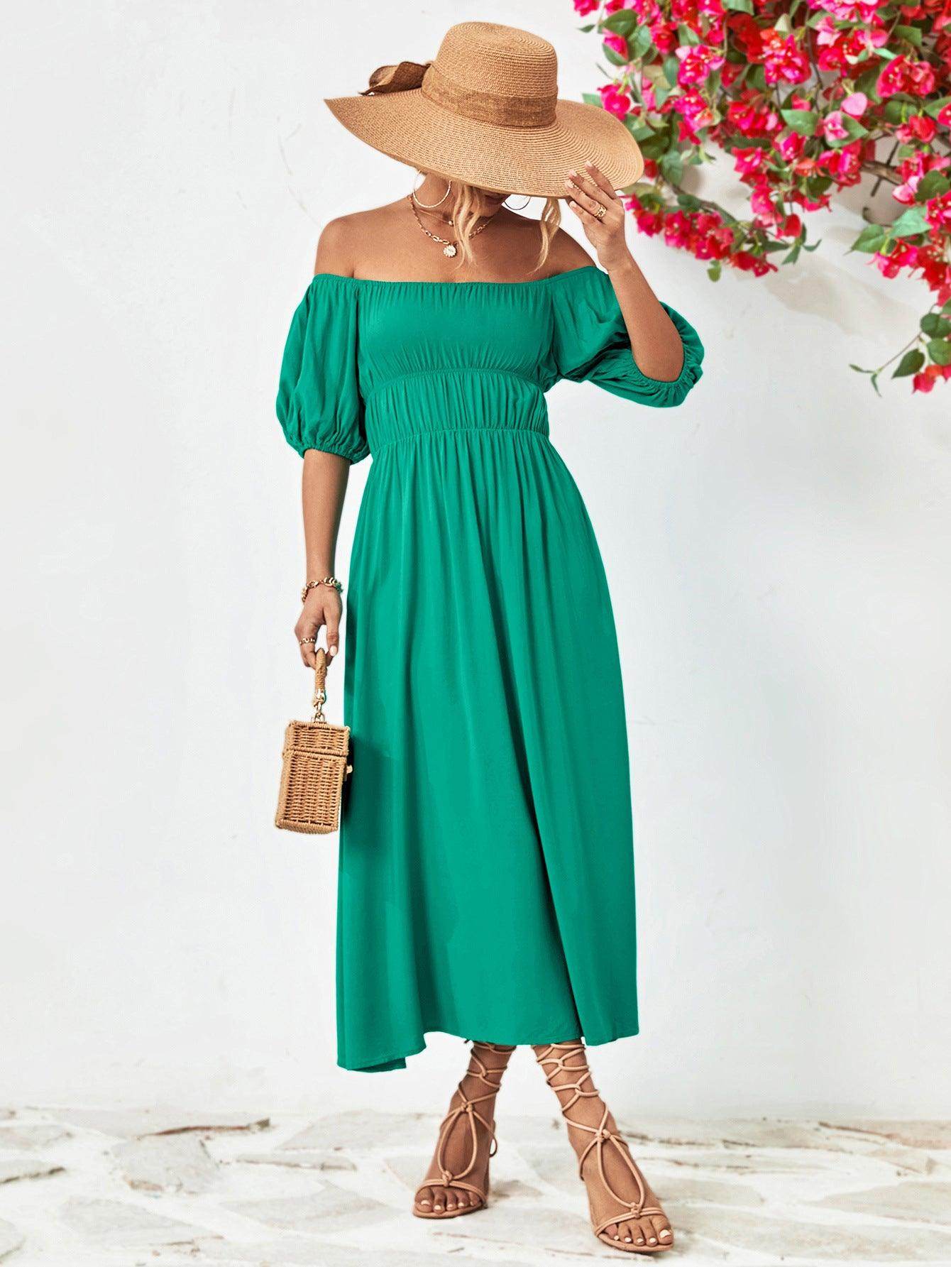 Off-Shoulder Balloon Sleeve Midi Dress for Chic Style - Selvanelle