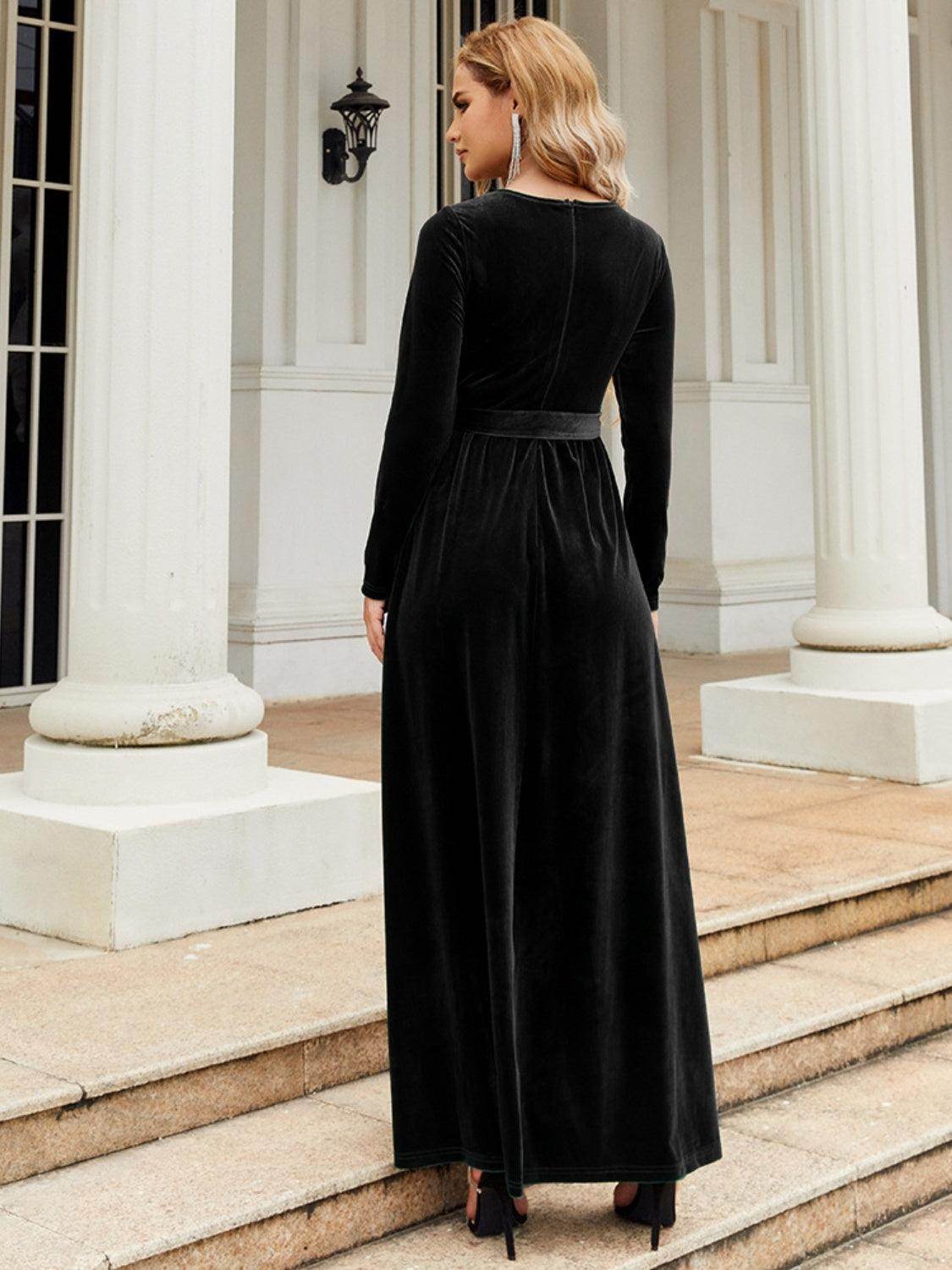 Tie Front Round Neck Long Sleeve Maxi Dress for Women - Selvanelle