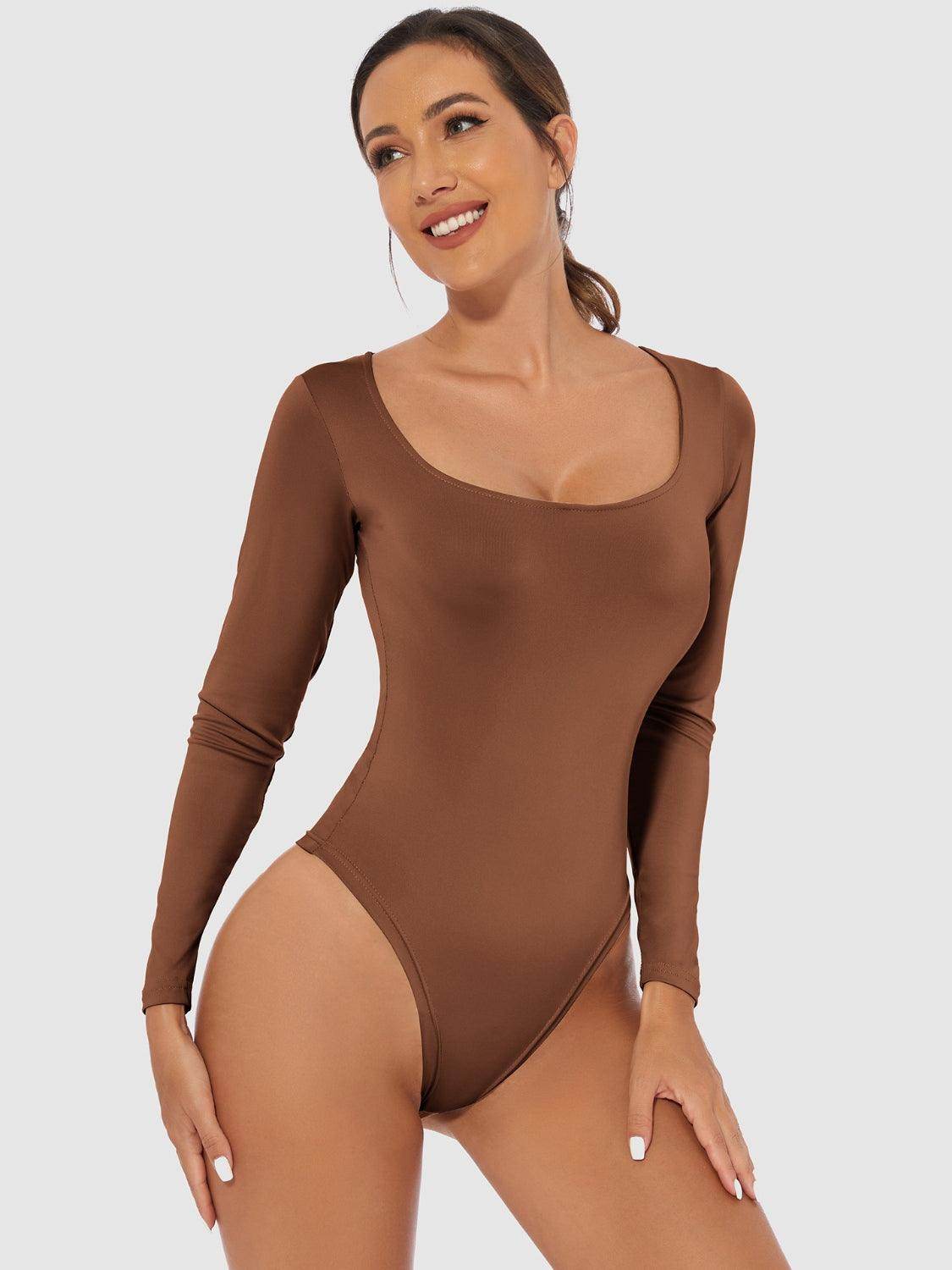 Full Size Scoop Neck Long Sleeve Bodysuit for Women - Selvanelle