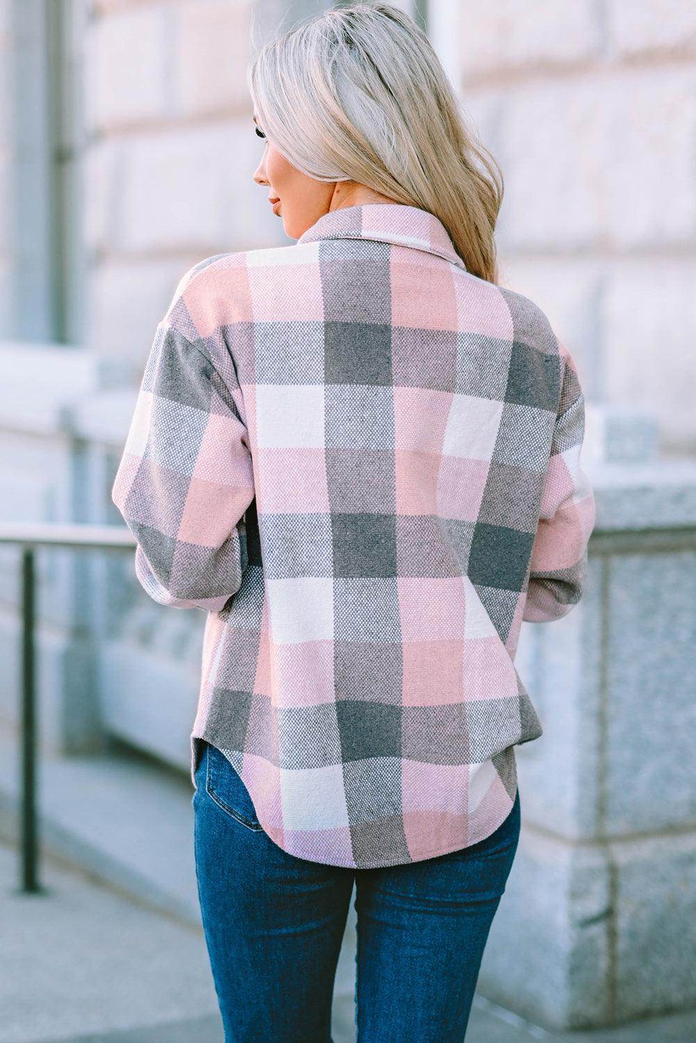 Plaid Button Up Dropped Shoulder Jacket for Women Stylish - Selvanelle
