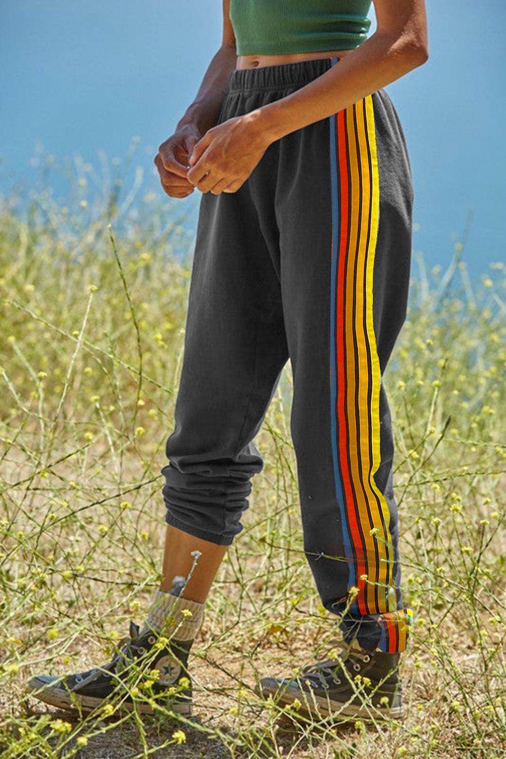 Contrast Striped Elastic Waist Active Pants for Women - Selvanelle