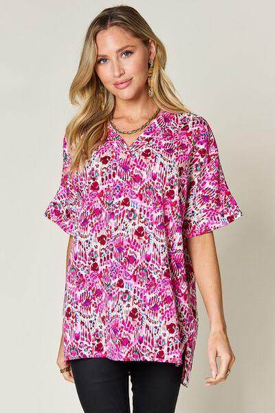 Double Take Full Size Printed V-Neck Short Sleeve Blouse - Selvanelle