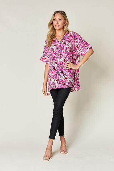 Double Take Full Size Printed V-Neck Short Sleeve Blouse - Selvanelle