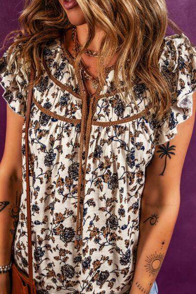 Ruffled Printed Tie Neck Cap Sleeve Blouse for Women - Selvanelle