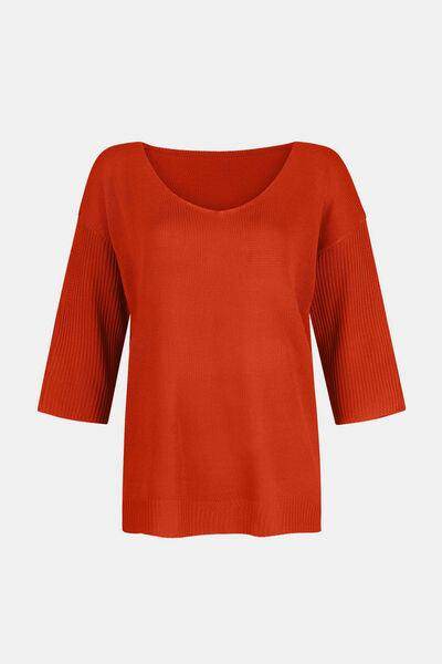V-Neck Three-Quarter Sleeve Knit Top for Women Casual Wear - Selvanelle