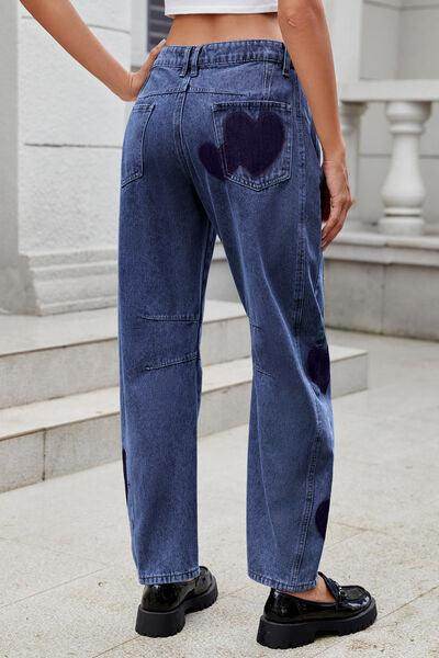 Heart Mid Rise Jeans with Pockets for Stylish Comfort - Selvanelle