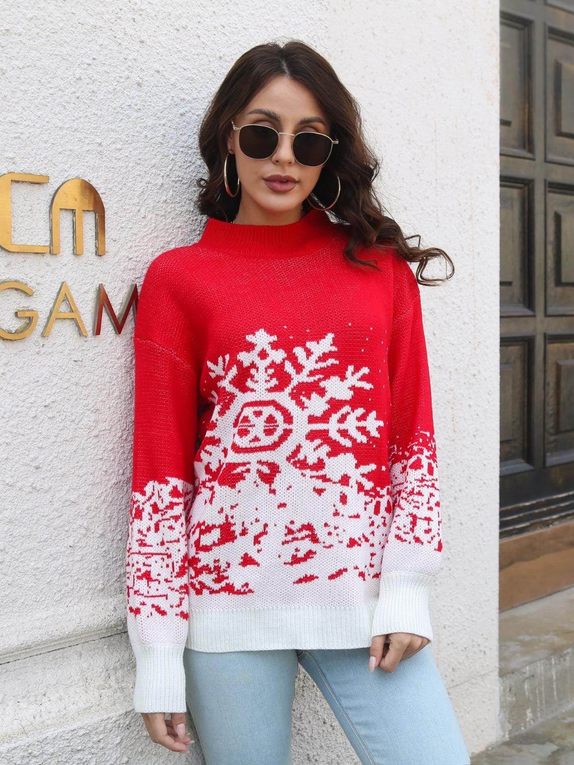 Snowflake Pattern Mock Neck Sweater for Cozy Winter Style - Selvanelle