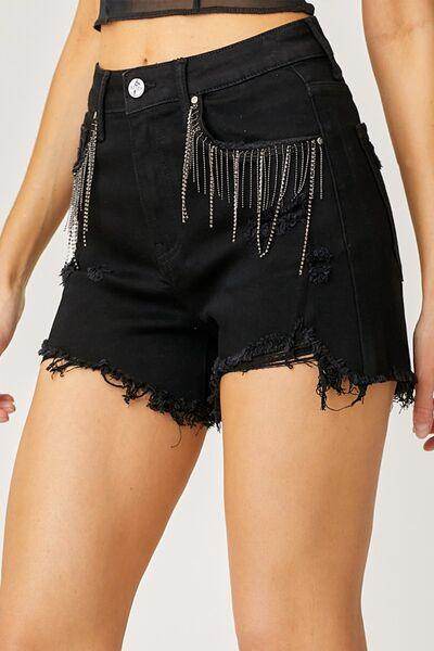 RISEN Frayed Hem Denim Shorts with Fringe Detail Pockets - Selvanelle