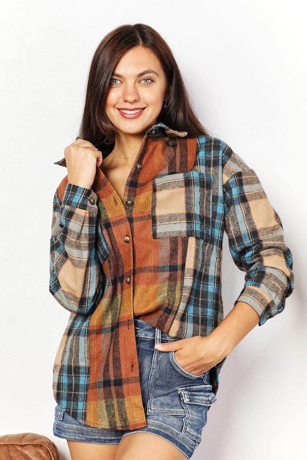 Double Take Plaid Curved Hem Shirt Jacket with Breast Pockets - Selvanelle