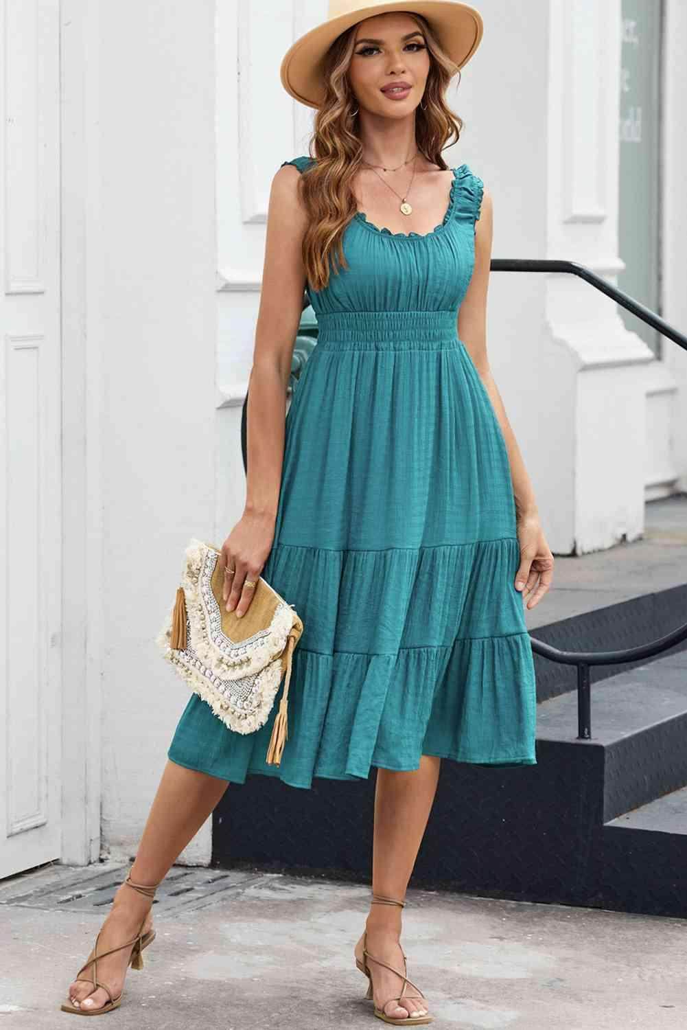 Smocked Waist Sleeveless Tiered Dress with Pockets Midi - Selvanelle