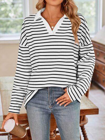 Lovelet Striped Johnny Collar Long Sleeve T-Shirt for Women - Selvanelle