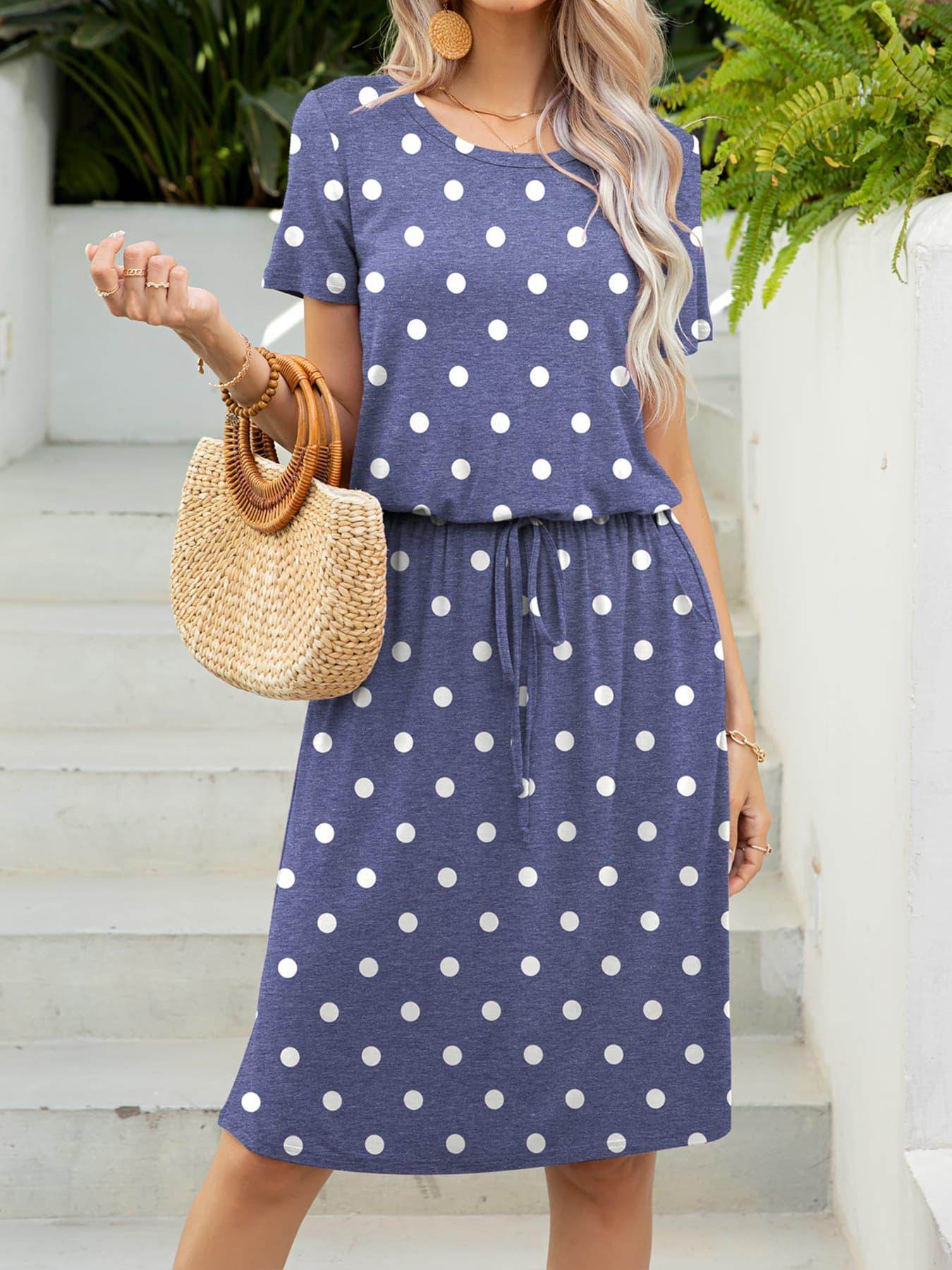 Round Neck Short Sleeve Slit Dress with Pockets for Women - Selvanelle