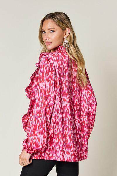 Double Take Full Size Printed Ruffle Trim Balloon Sleeve Shirt - Selvanelle