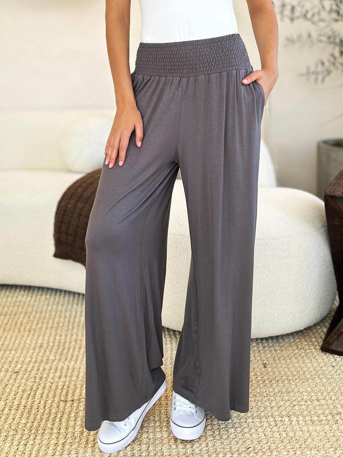 Double Take Full Size Smocked Wide Waistband Wide Leg Pants - Selvanelle