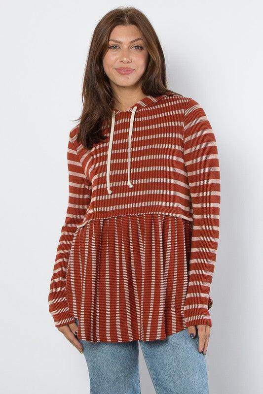 Be Stage Full Size Drawstring Striped Babydoll Hoodie Chic - Selvanelle