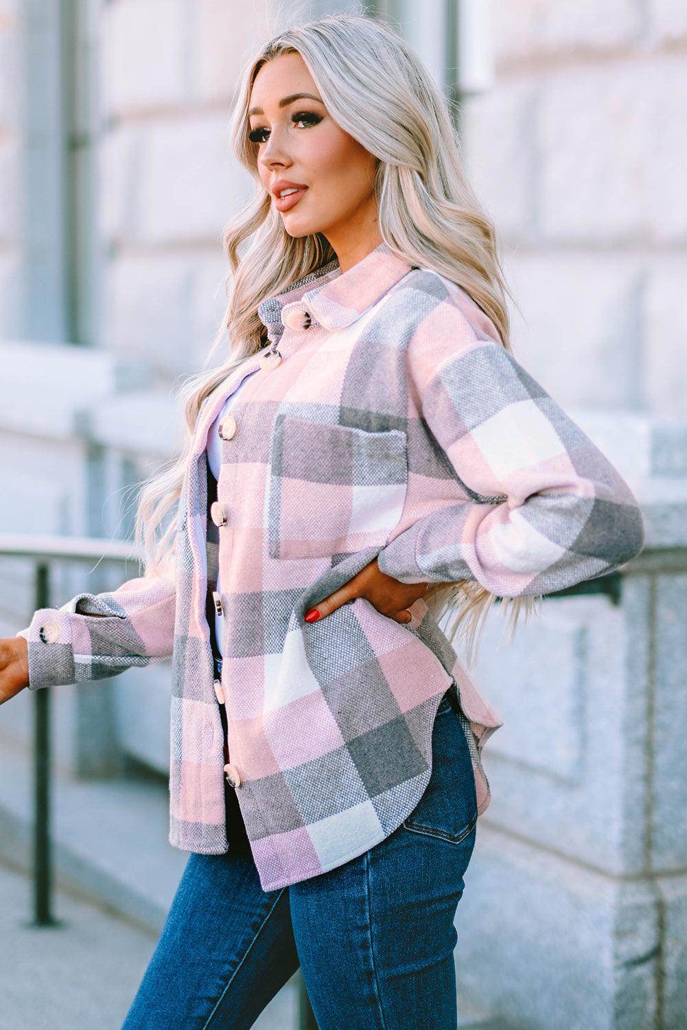 Plaid Button Up Dropped Shoulder Jacket for Women Stylish - Selvanelle
