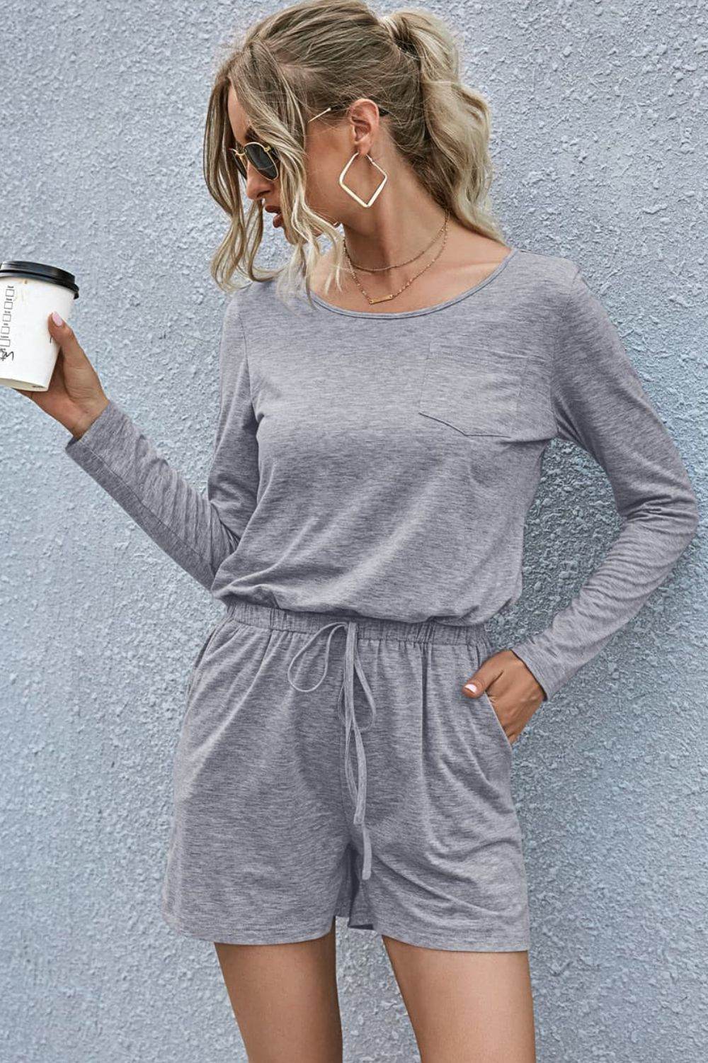 Drawstring Waist Long Sleeve Romper - Selvanelle