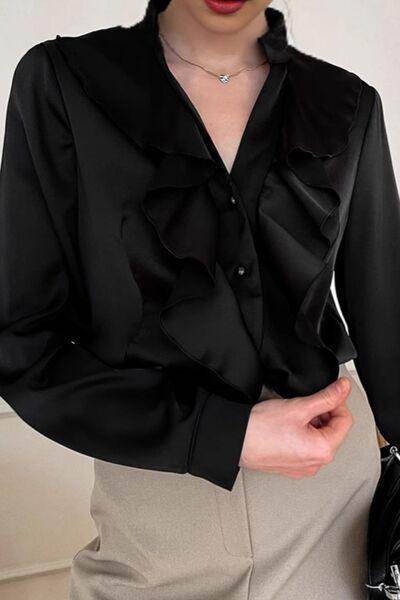 Ruffled Notched Long Sleeve Shirt for Women Stylish Fashion - Selvanelle