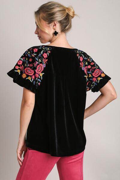 Umgee Full Size Velvet Embroidery Short Sleeve Blouse for Women - Selvanelle