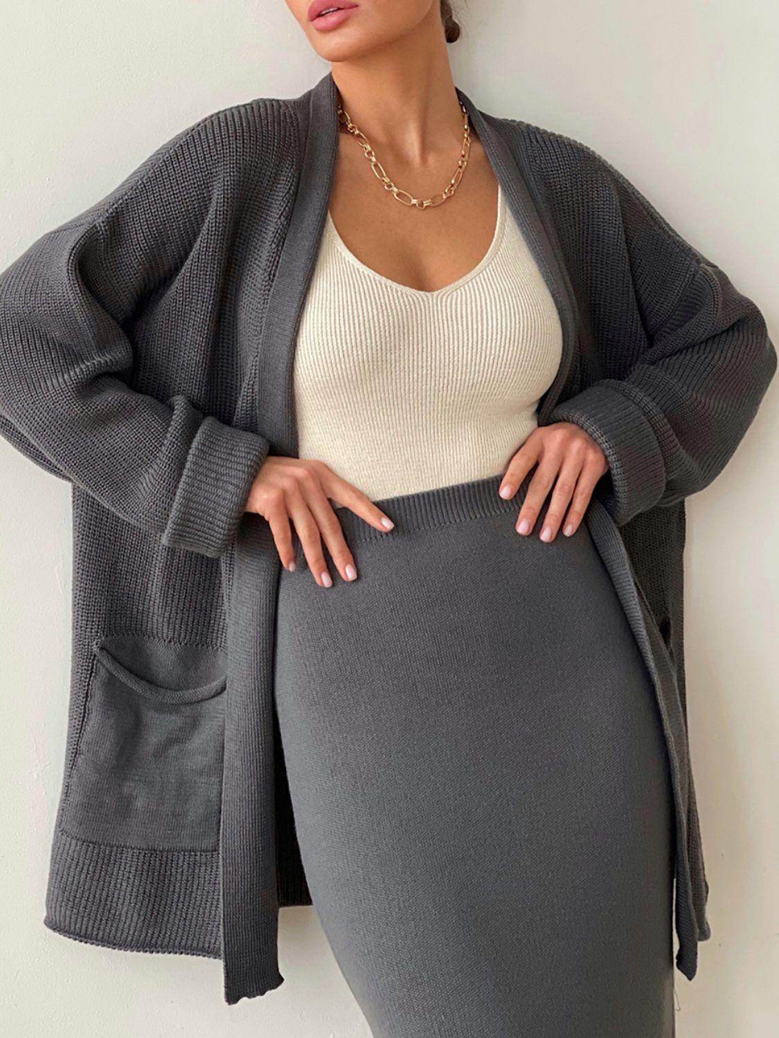 Pocketed Long Sleeve Cardigan and Skirt Sweater Set - Selvanelle